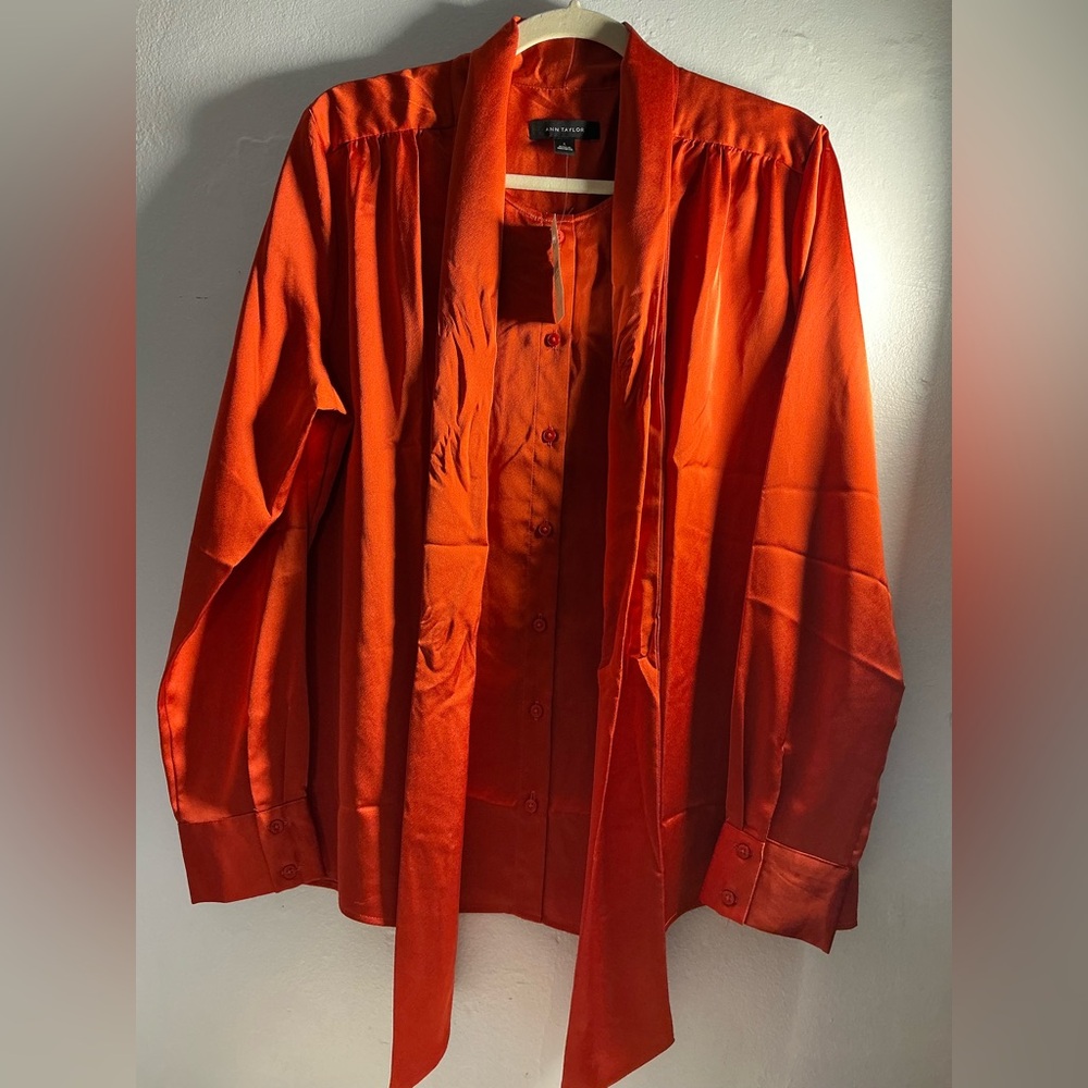 Ann Taylor Vibrant Orange Satin Blouse with Neck Tie - Picture 1 of 15